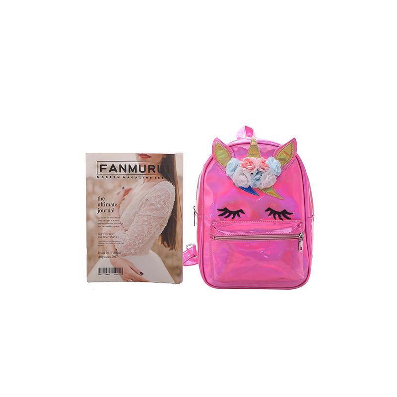 Unicorn large-capacity Unicorn laser bright pink schoolbag, cartoon women's backpack, travel bag, pu backpack Item Picture
