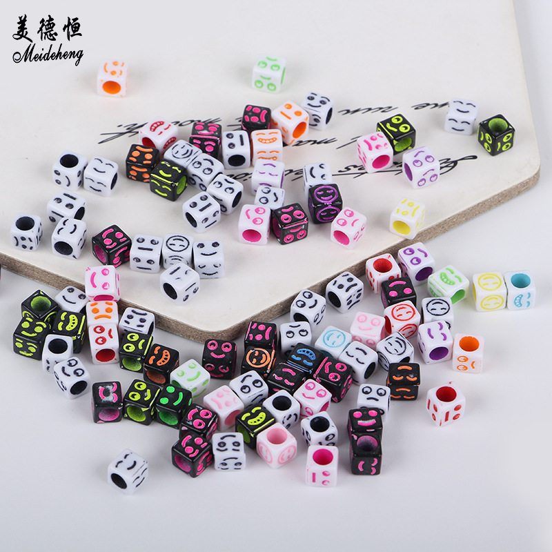 Acrylic large-hole through-hole smiling face small square bead rubber band versatile hair accessory diy handcrafted material accessory details Picture