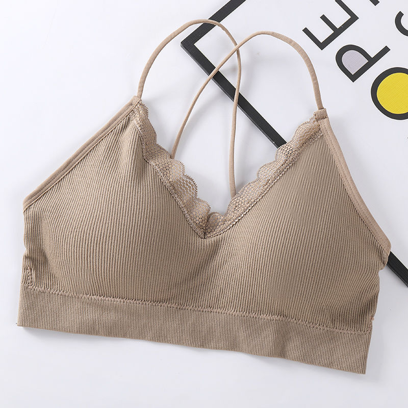New seamless lace threaded beauty back, chest wrap, fine shoulder strap, comfortable and breathable, thick chest pad, gathering sports halter top undefined