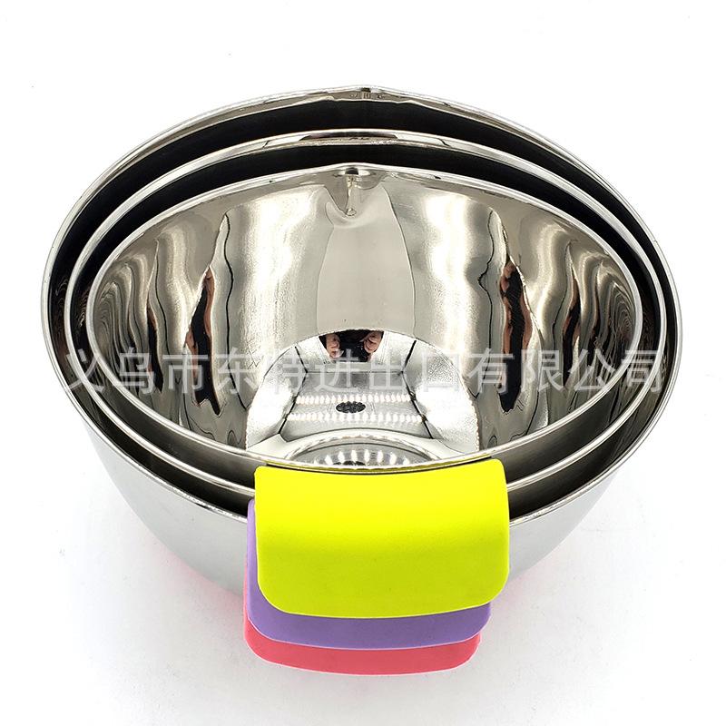 Factory direct sales stainless steel salad basin, high-quality stainless steel silicone handle basin, salad bowl with scale, anti-slip baking Specification image