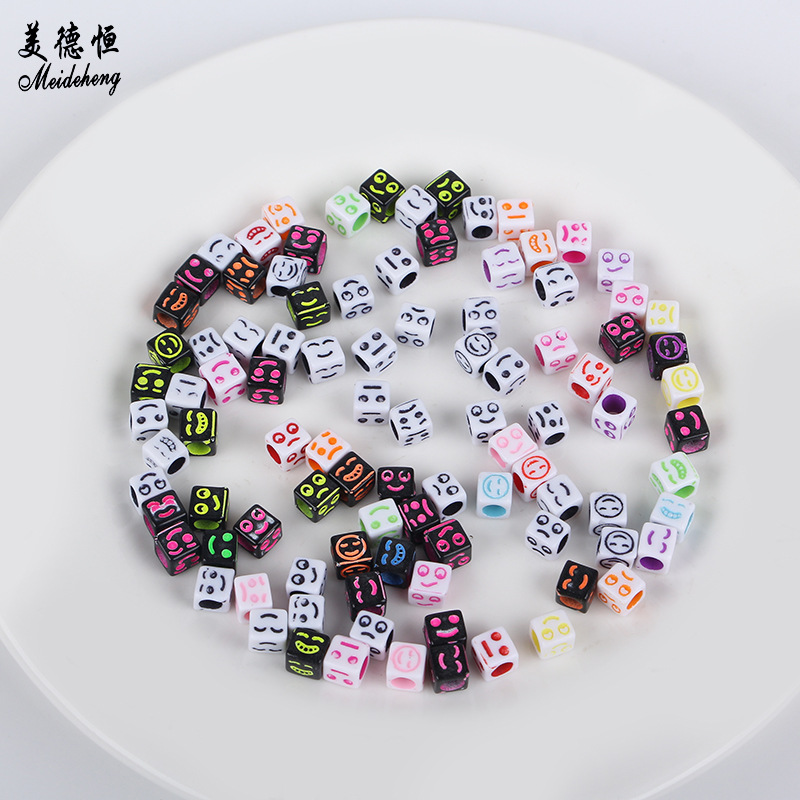 Acrylic large-hole through-hole smiling face small square bead rubber band versatile hair accessory diy handcrafted material accessory