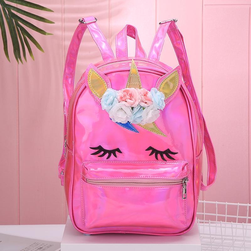 Unicorn large-capacity Unicorn laser bright pink schoolbag, cartoon women's backpack, travel bag, pu backpack