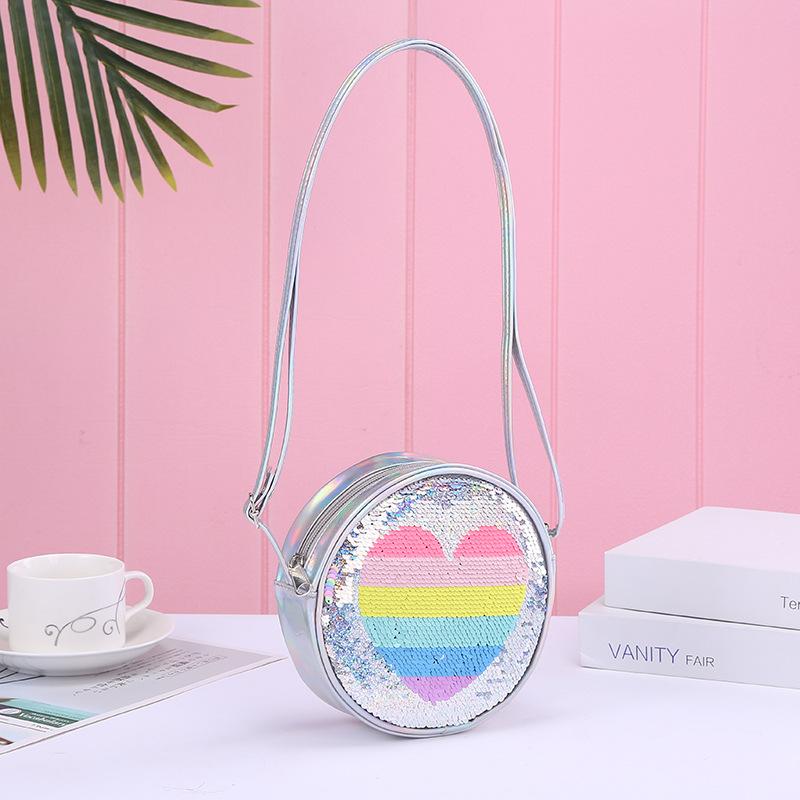 Moda nueva tendencia PU radium un hombro crossbody pieza corazón arco iris sirena unicornio lentejuelas niña details Picture