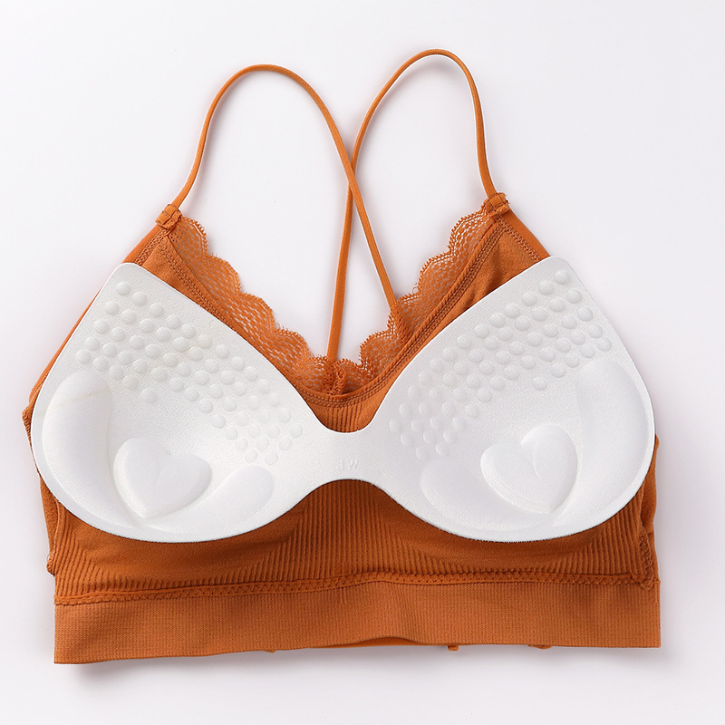 New seamless lace threaded beauty back, chest wrap, fine shoulder strap, comfortable and breathable, thick chest pad, gathering sports halter top Specification image