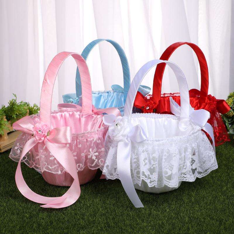 Wedding products, wedding products, wedding products, wedding products, wedding products, wedding products, direct supply from wedding products manufacturers. European-style wedding supplies, lace fabric flower baskets, white handcrafted bow flower baskets, flower scattering baskets for children wholesale Specification image