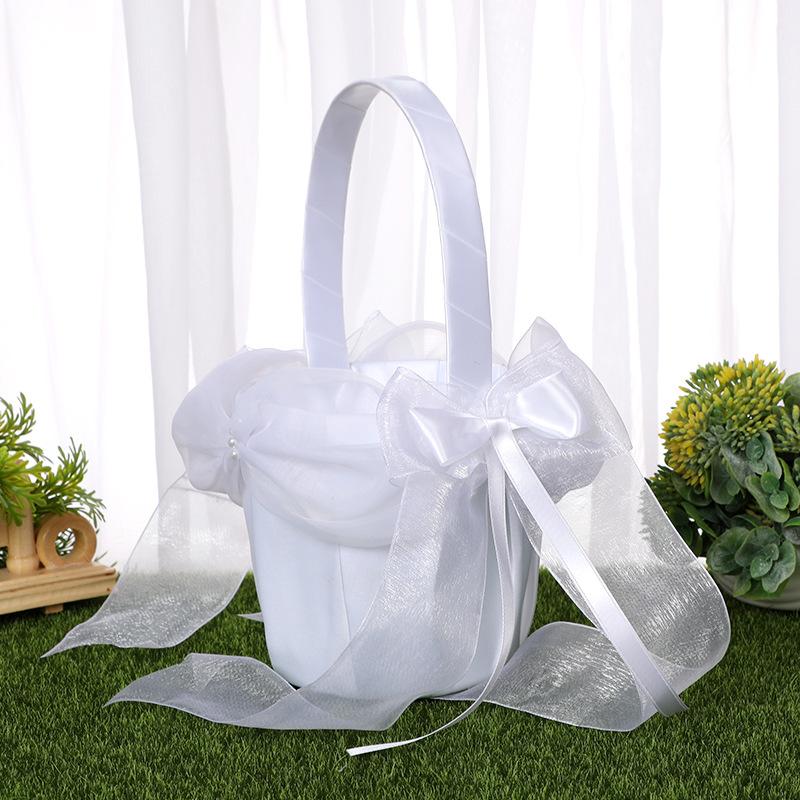 Western-style white flower basket wedding flower scattering, lace bow flower basket, flower girl carrying basket wedding supplies wholesale undefined