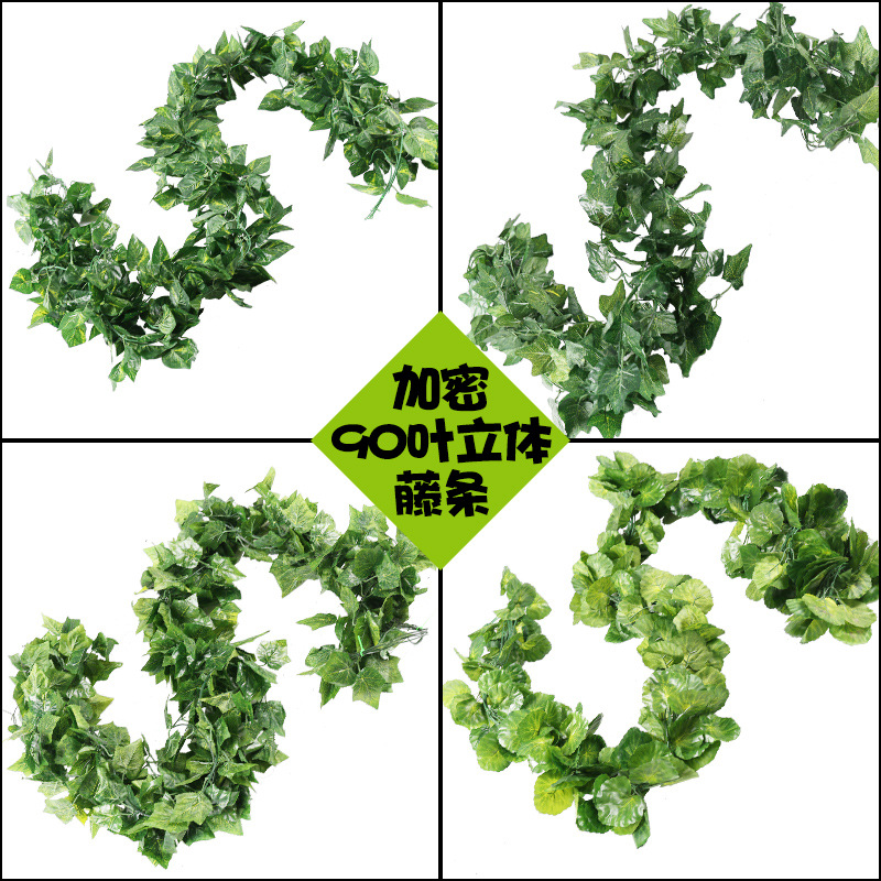 Artificial vine leaves, green plant color printing, climbing ivy, living room, hotel decoration, green leaf plant, sweet potato vine strips details Picture