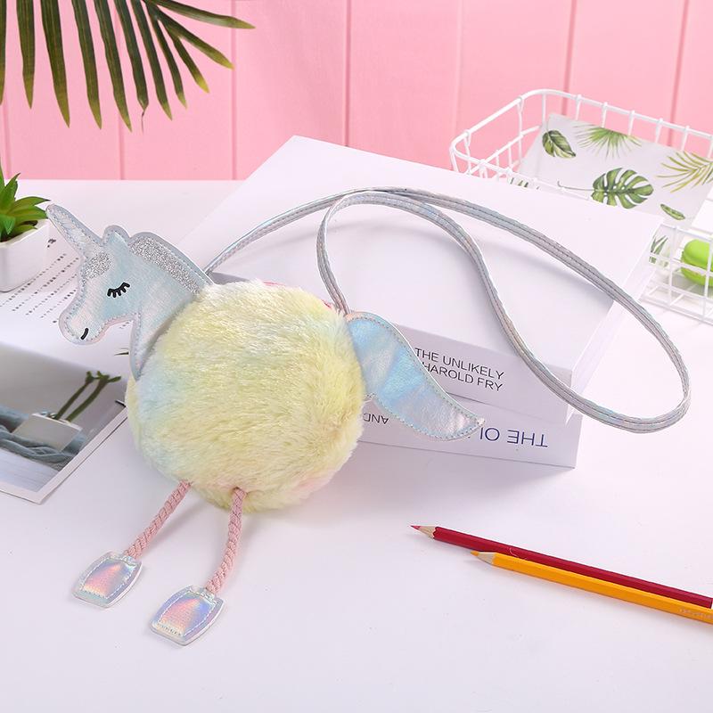 秋冬新款兔毛七彩彩虹毛绒可爱休闲独角兽Unicorn单肩斜挎包