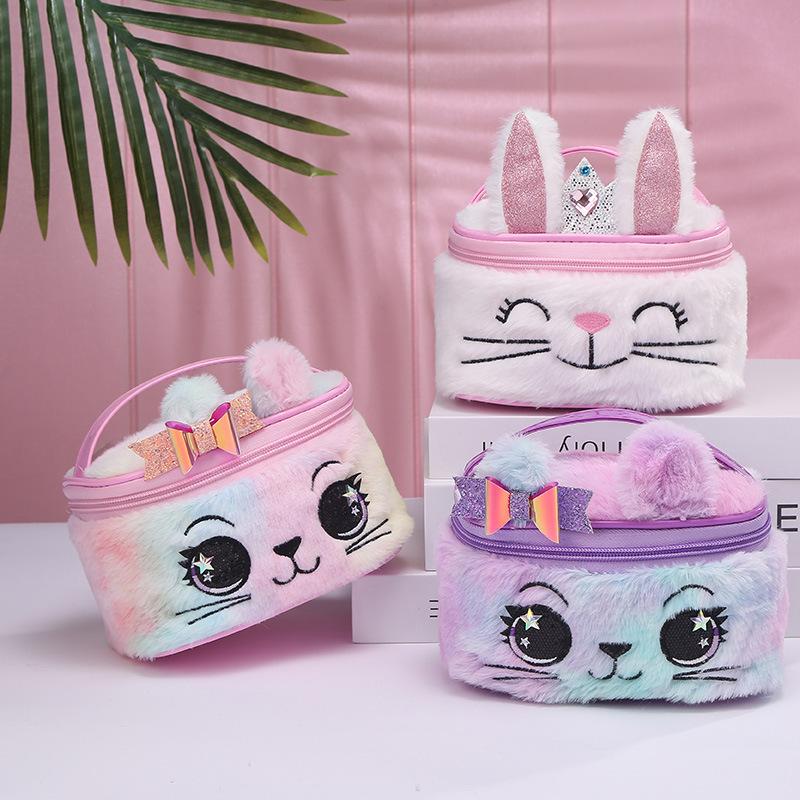 Wholesale of large-capacity cosmetic bags for cats and rabbits in foreign trade, pu leather cute hand-held bags, and storage bags for girls and children