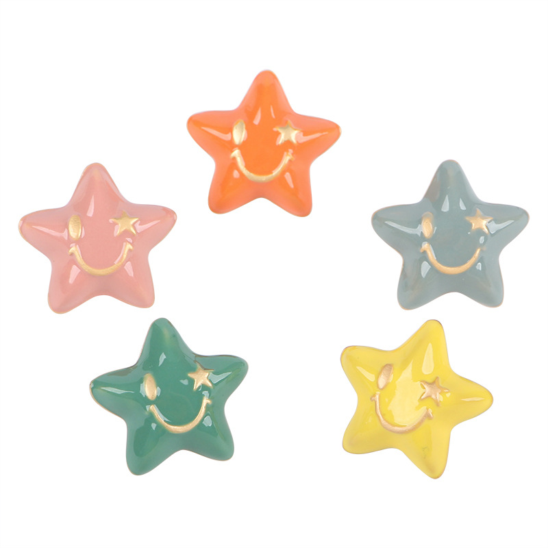 Factory direct sales of 20mm alloy material oil-dripping golden smiling five-pointed star diy loose bead hair accessory, 100 matching pieces of beads Item Picture