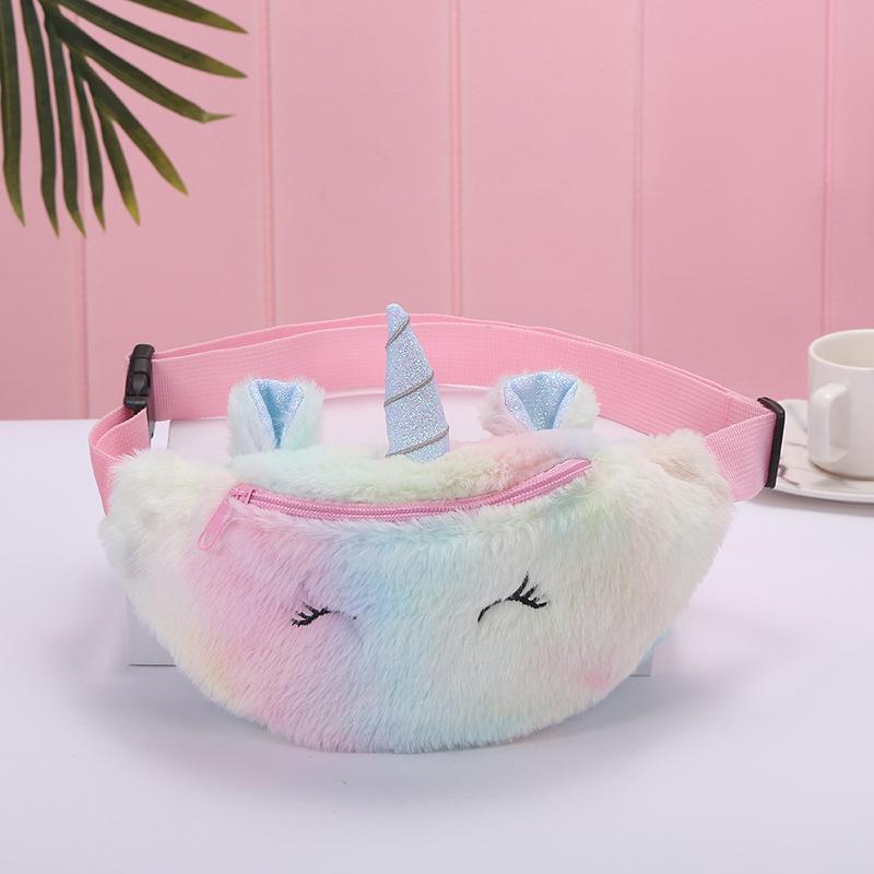 unicorn colorful plush waist bag for autumn and winter, new cartoon single-shoulder crossbody bag, embroidered by girls and students details Picture