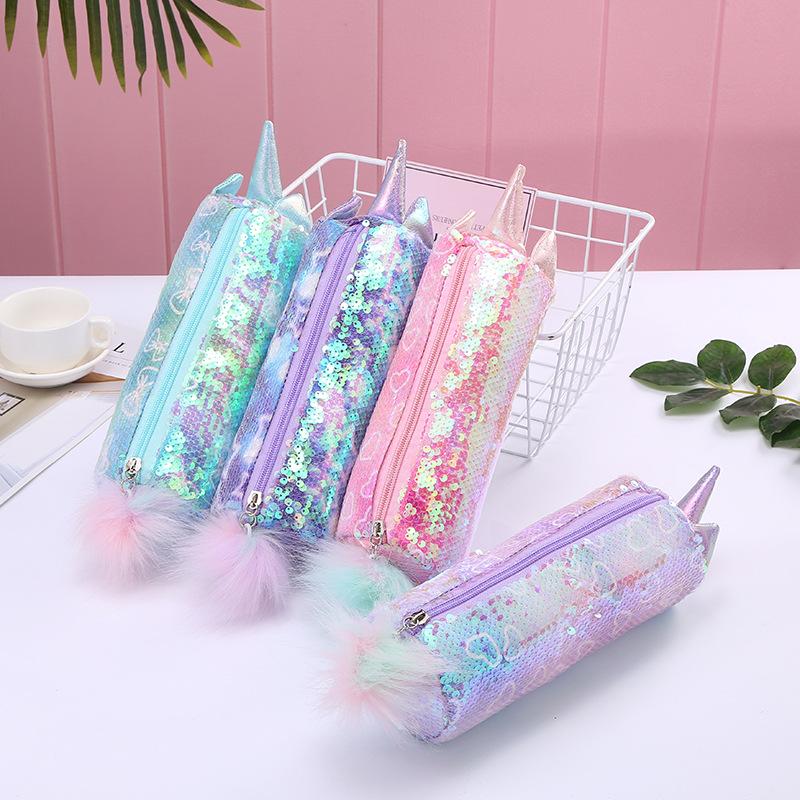 Spring and Summer new student pen case, Unicorn candy-colored sequined cartoon pen case, stationery storage bag pen case