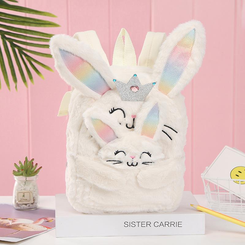 Cross-border women's bag Unicorn Colorful Rabbit plush cute backpack Korean version casual and cute children's student schoolbag Specification image