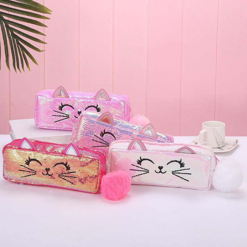 New mermaid sequined Unicorn pen case cosmetic bag, student cat cartoon embroidery children's bag