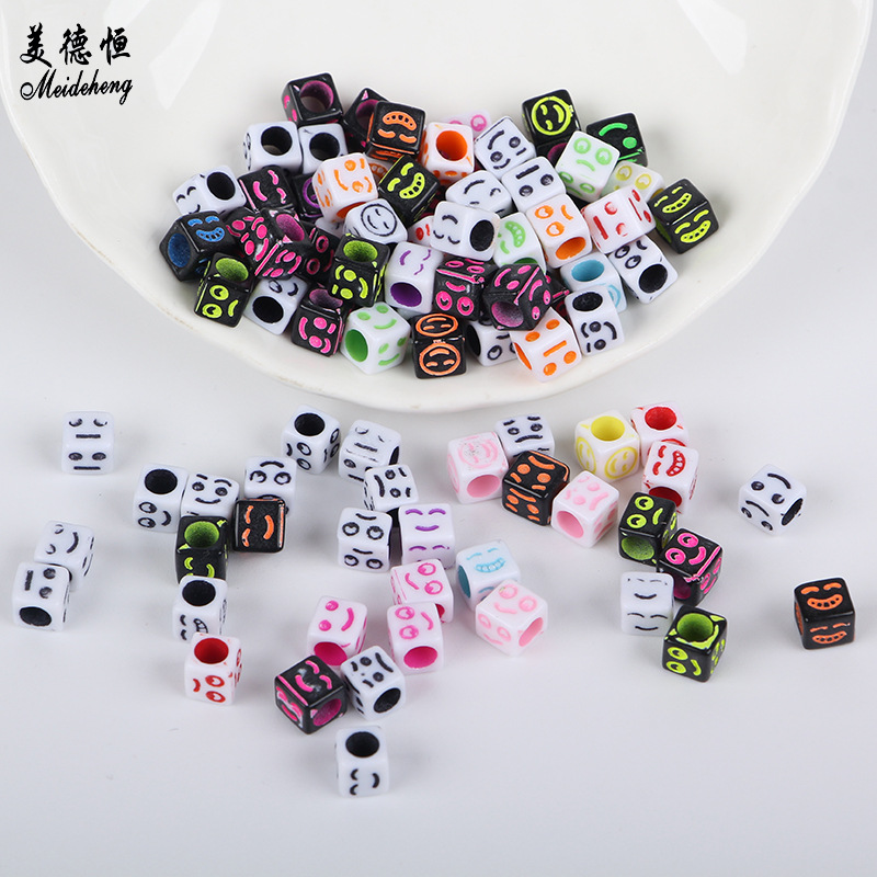 Acrylic large-hole through-hole smiling face small square bead rubber band versatile hair accessory diy handcrafted material accessory Specification image