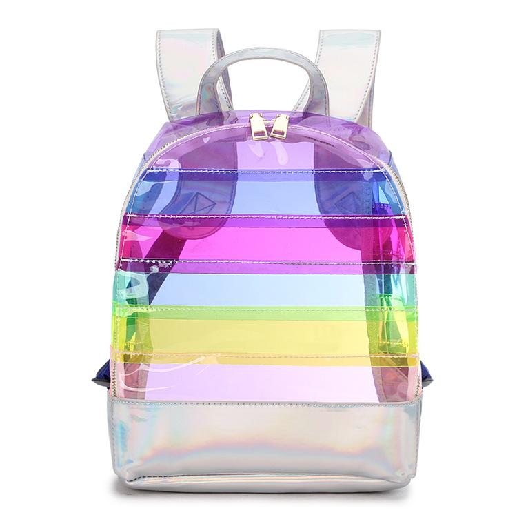 New rainbow laser PVC transparent color-blocking striped casual large-capacity children's double-shoulder unicorn women's bag