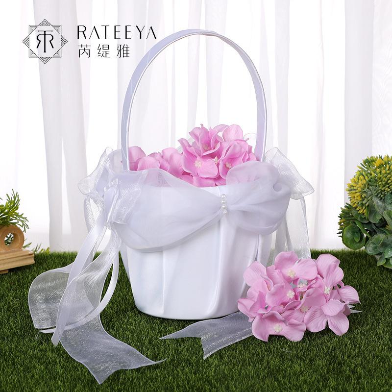 Western-style white flower basket wedding flower scattering, lace bow flower basket, flower girl carrying basket wedding supplies wholesale