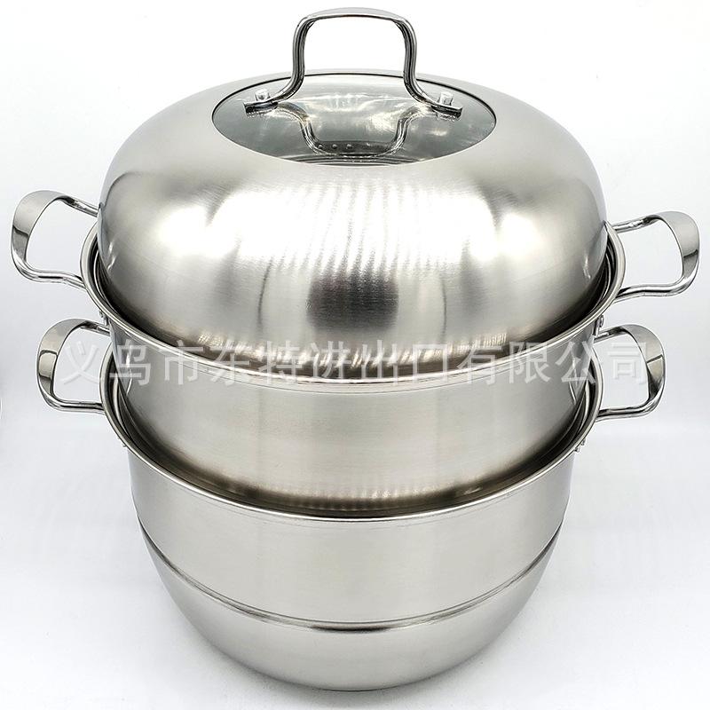 Stainless steel thickened steamer, electric wooden handle, bottom combination cover, three-layer steamer, household multi-functional soup steamer details Picture