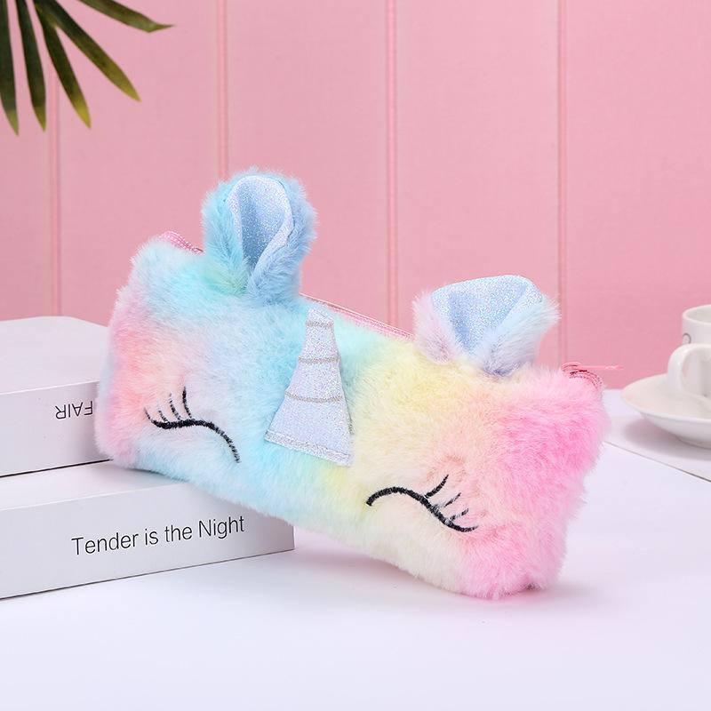 Korean version unicorn fleece pen case, colorful autumn and winter new fashion storage box, embroidered PU leather pen case wholesale undefined