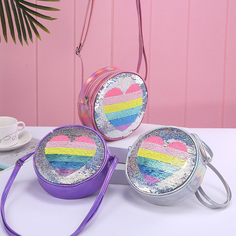 Fashionable new trend PU laser single-shoulder crossbody with a heart-shaped rainbow, mermaid, unicorn and sequined baby girl