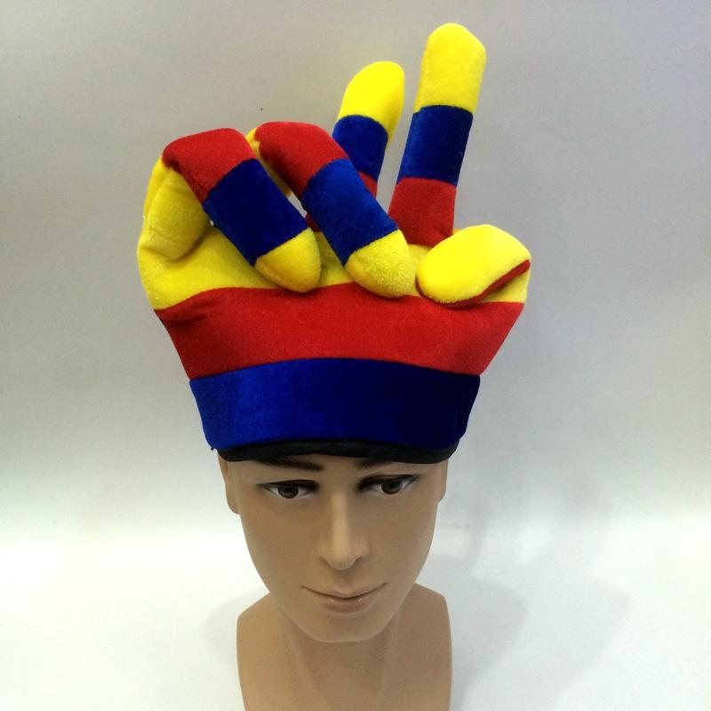 Hecho a medida todos los tipos colombia amarillo azul rojo tricolor una mano suave sombrero comercio exterior extienda dos dedos Y tipo bandera color copa mundial sombrero