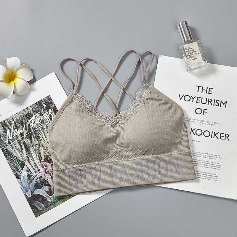 English letter lace thin shoulder strap beautiful back wrap chest breathable lining fabric worn outside yoga gathering strap chest cushion underwear for women undefined