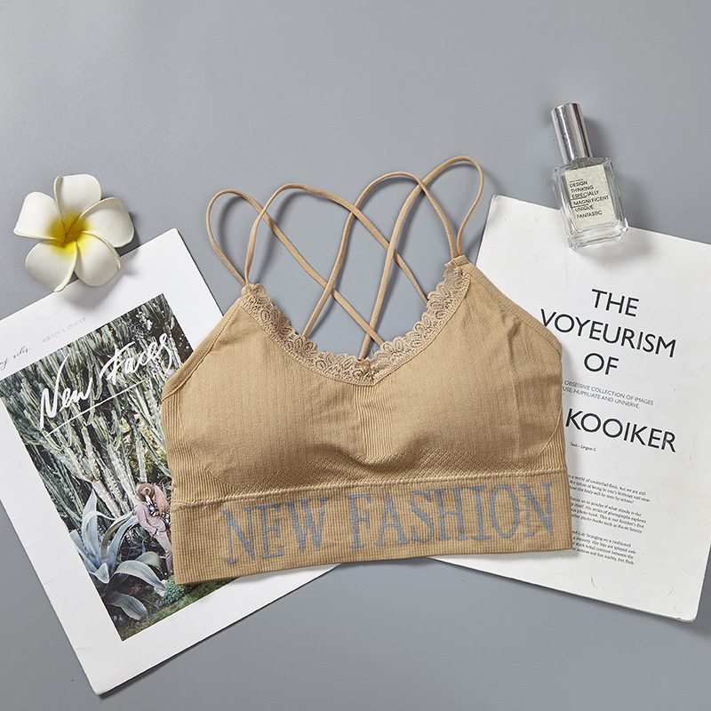 English letter lace thin shoulder strap beautiful back wrap chest breathable lining fabric worn outside yoga gathering strap chest cushion underwear for women undefined