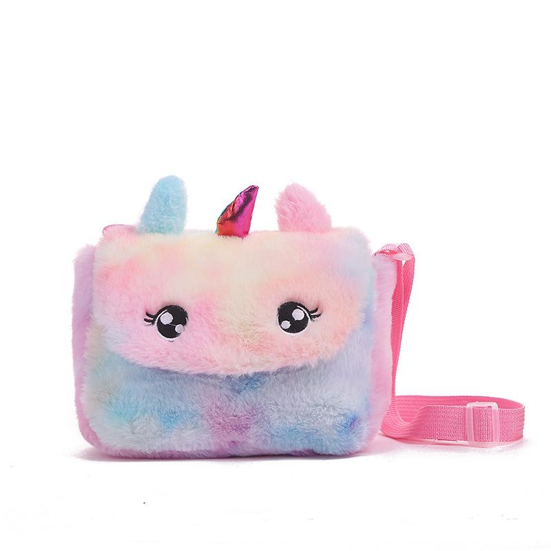 新款独角兽兔毛背包毛绒小包女包可爱卡通儿童休闲单肩斜挎包白底实物图