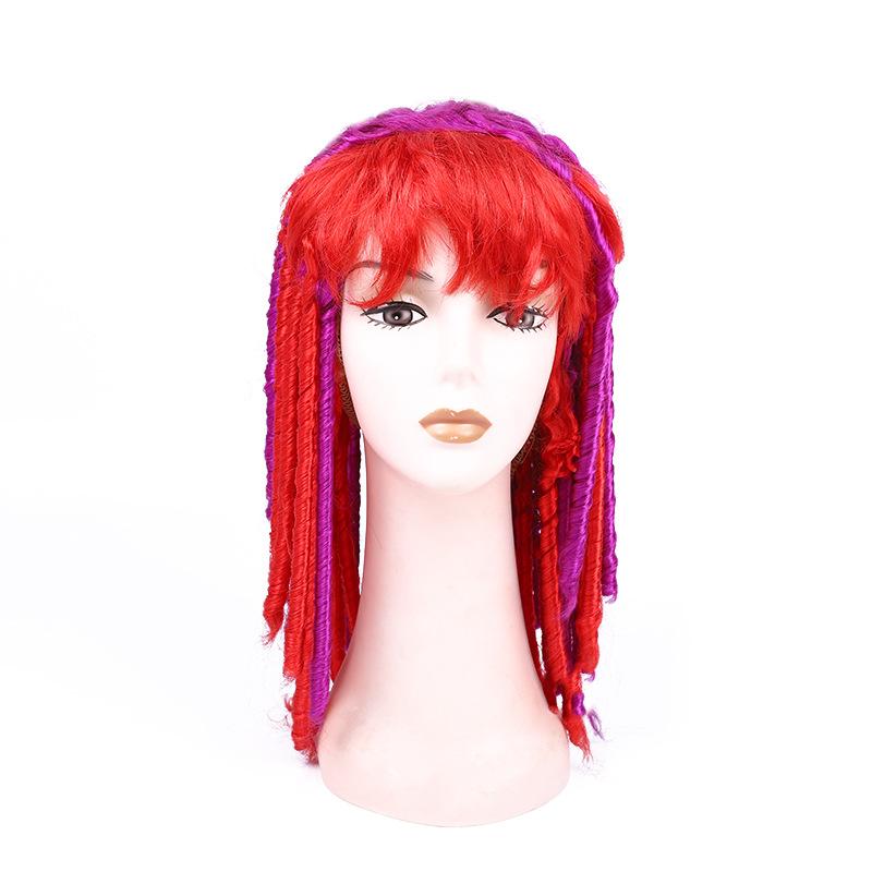 Wavy braids and curly tubes are fashionable and feature bangs. We offer custom-made mid-length red and purple wigs for parties and revelry