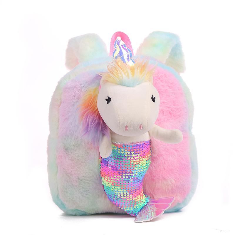 Unicorn plush backpack for children, cute cartoon mermaid sequined schoolbag, casual backpack for women Item Picture