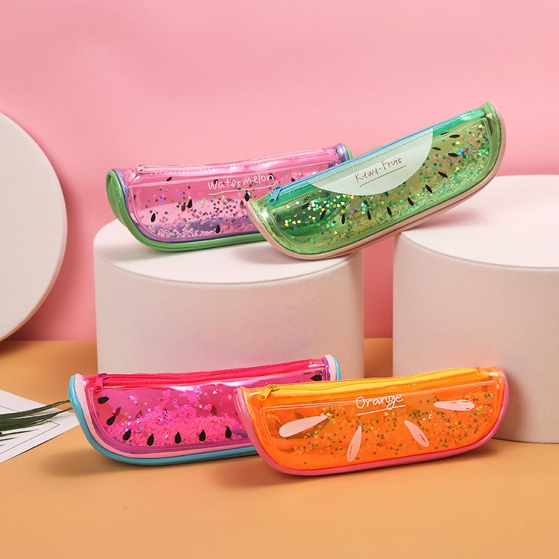 Korean version rainbow Fruit flowing sand student pencil case, iridescent summer new storage box, children and girls' storage pencil case