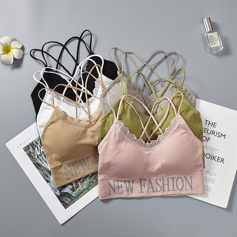 English letter lace thin shoulder strap beautiful back wrap chest breathable lining fabric worn outside yoga gathering strap chest cushion underwear for women Specification image