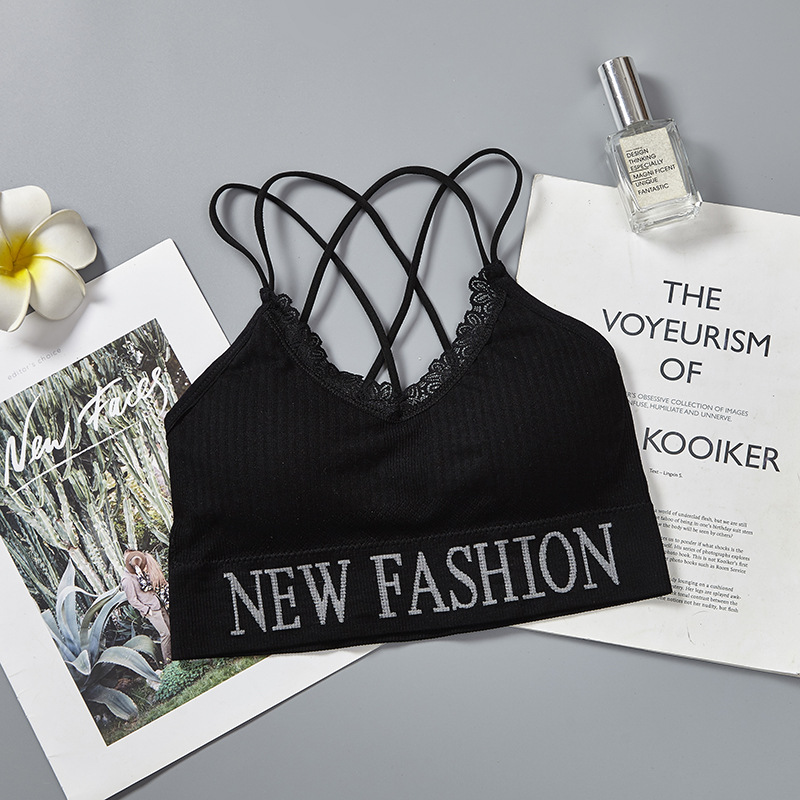 English letter lace thin shoulder strap beautiful back wrap chest breathable lining fabric worn outside yoga gathering strap chest cushion underwear for women undefined