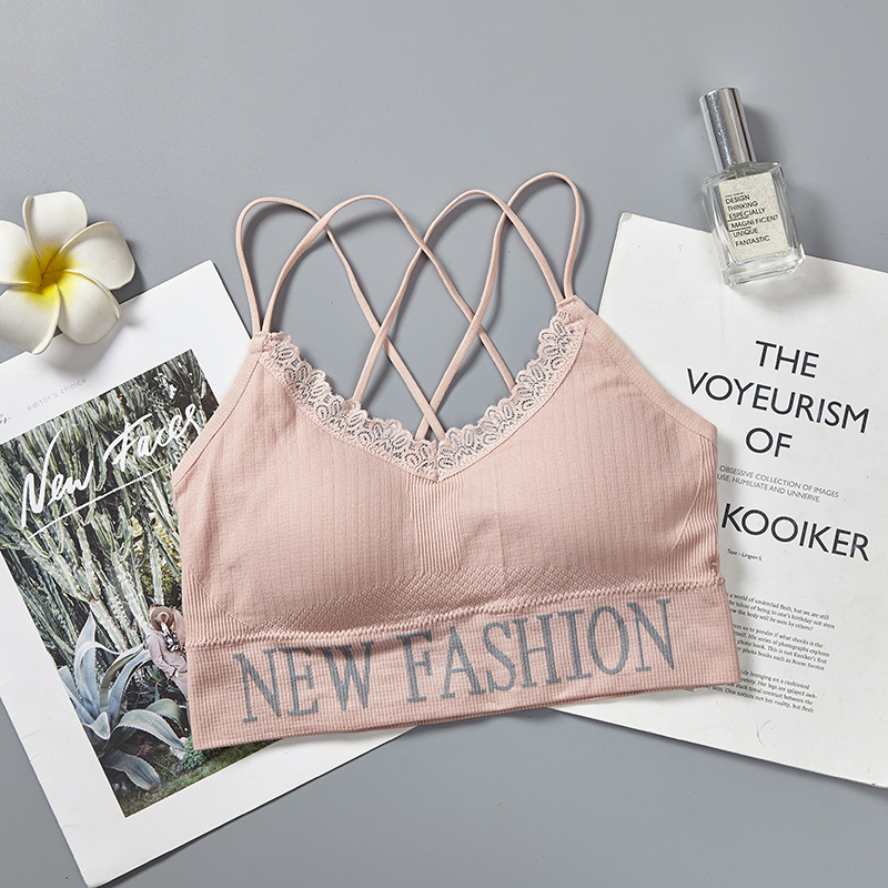 English letter lace thin shoulder strap beautiful back wrap chest breathable lining fabric worn outside yoga gathering strap chest cushion underwear for women undefined