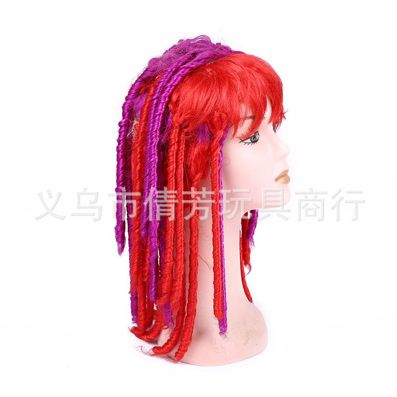 Wavy braids and curly tubes are fashionable and feature bangs. We offer custom-made mid-length red and purple wigs for parties and revelry details Picture