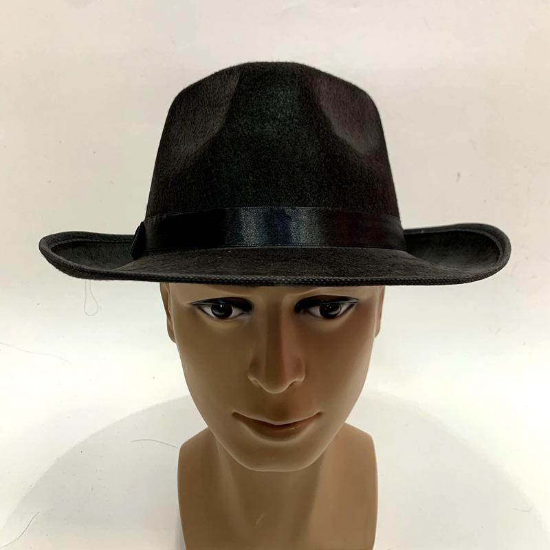 Black non-woven fabric wide-brimmed top hat, jazz hat, Jackson top hat, singer, dancer, dancing gunman hat details Picture