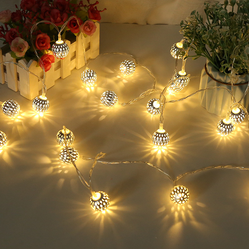 Cross-border light string LED iron beads hollowed out Moroccan ball Christmas light string room decoration advertisement decorative light 2 meters 10 lamp battery manufacturers direct sales