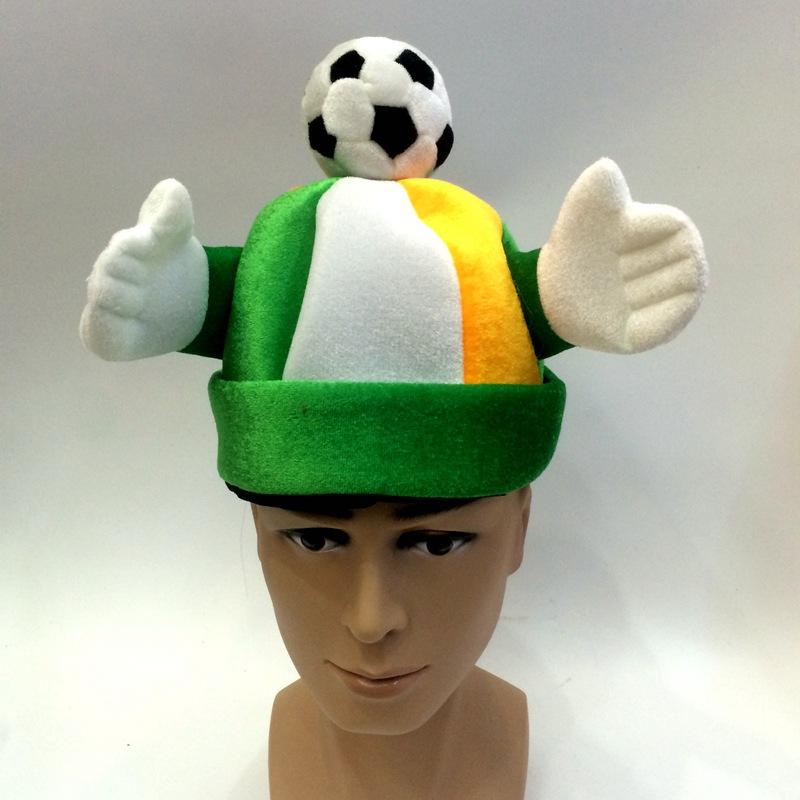Green, white and yellow football hats open their arms to welcome you. Custom-made World Cup hats and all kinds of football fan hats