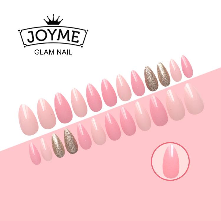 24 Pieces Of Finished Fake Nails Aliexpress Amazon Sells Long Pointed Almond Nails Girl Pink Round Head Gold Powder Nail Art Application Scenario