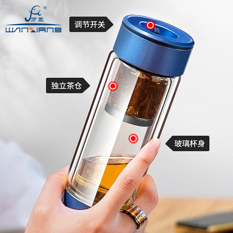 Wanxiang tea-water separation cup, high-end thickened, gift, office, home, car, men's and women's double-layer insulated tea-making glass cup Application Scenario