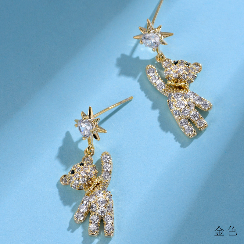 New earrings from Dongdaemun, South Korea, 925 silver zircon micro-inlaid bear snowflake stud women's earrings factory wholesale undefined
