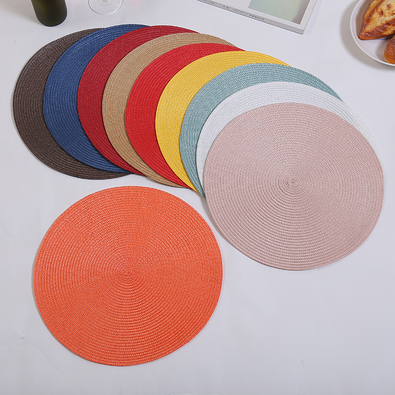 Wholesale of Japanese-style colored woven table MATS, PP eco-friendly round Western placemats, heat-insulating, waterproof and mold-proof tablecloth coasters details Picture