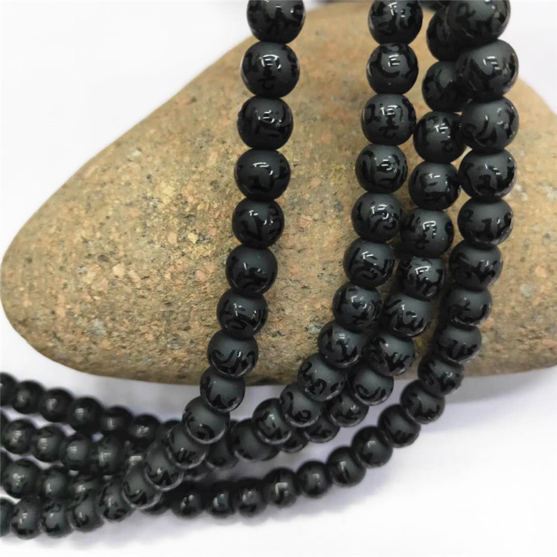 Factory direct sales of six-character mantra Buddhist prayer beads, wholesale of black matte stone semi-finished products with embossed characters, DIY jewelry and matching beads details Picture
