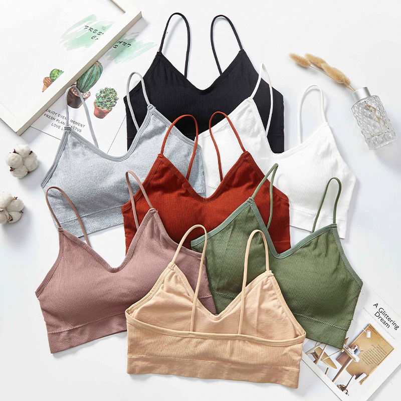 Threaded halter, beautiful back, chest wrap, fine shoulder strap, comfortable and breathable, solid-color underwear with chest pad, women's vest without steel ring