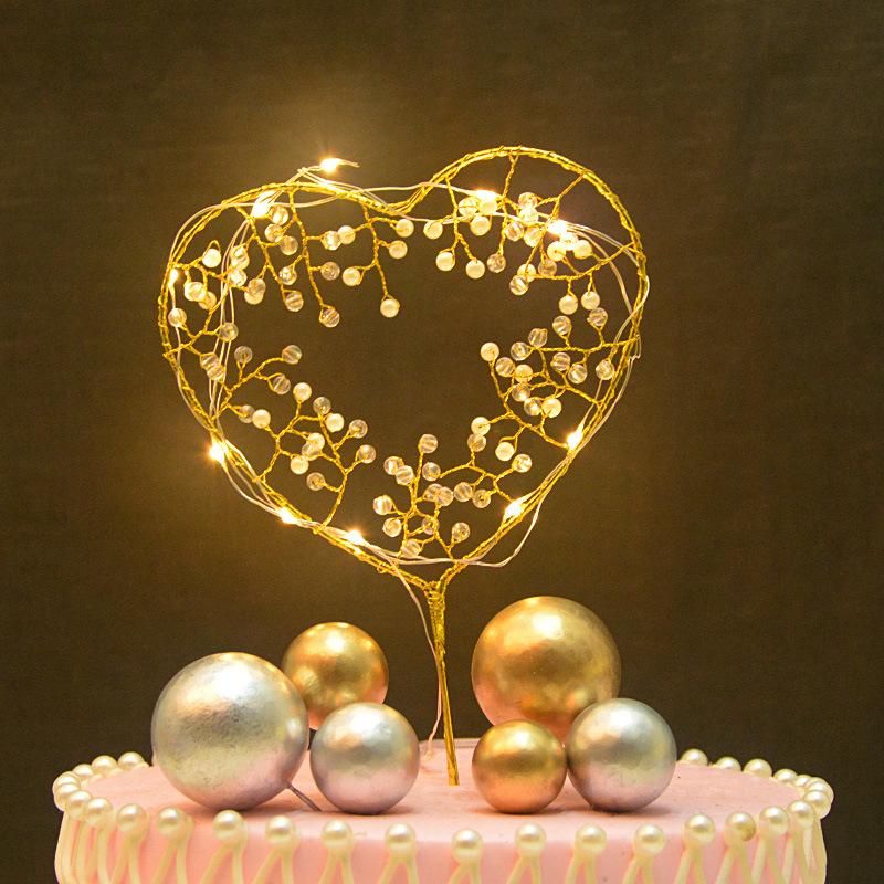 节日用品蛋糕烘焙DIY爱心插卡星星儿童生日插牌 珍珠心型插件甜品情景摆件图