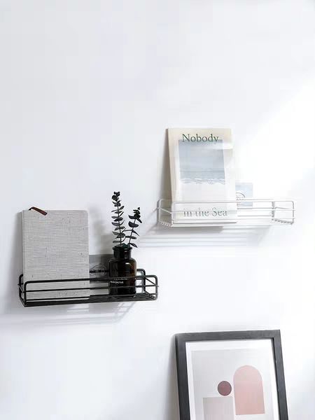 厂家直销无痕铁艺方形黑色置物架强力免打孔不伤墙面文艺风置物架细节图