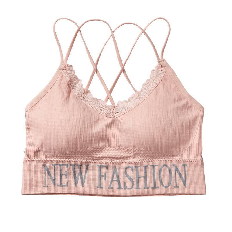 English letter lace thin shoulder strap beautiful back wrap chest breathable lining fabric worn outside yoga gathering strap chest cushion underwear for women Item Picture
