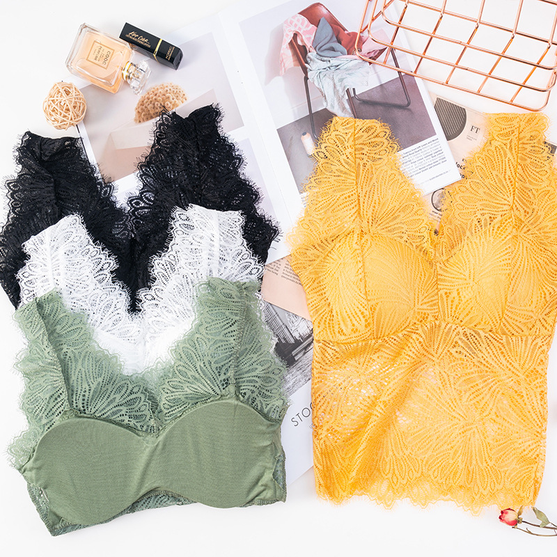 New full lace cutout V-neck, see-through beauty back, bra wrap, no bra base, small halter, thickened chest cushion, long vest