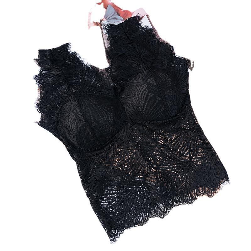 New full lace cutout V-neck, see-through beauty back, bra wrap, no bra base, small halter, thickened chest cushion, long vest Item Picture
