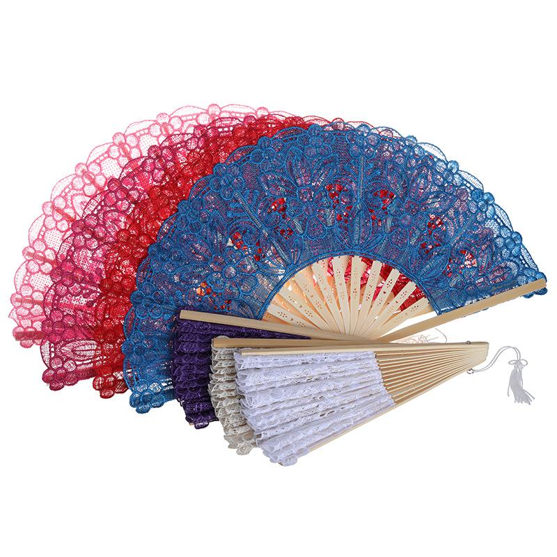 Creative new lace fans, white cotton fabric hollowed-out folding fans, performance fans, decorative fans, wedding supplies wholesale details Picture
